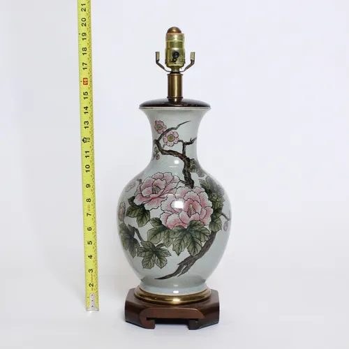 Floral Mint Ceramic Lamp, Wood Base