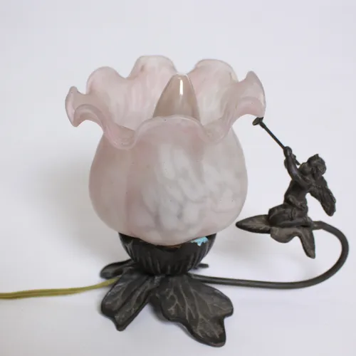 Pink Glass Tulip Flower Desk Lamp, Metal Trumpeting Cherub Base
