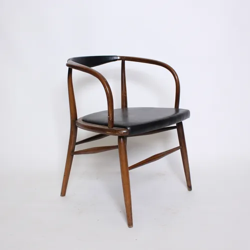 Vintage Black Leather Trimmed Wood Frame Chair 