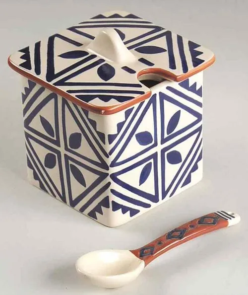 Pfaltzgraff Timbuktu Sugar dish/bowl with matching lid & spoon, Terracota clay, cream & blue