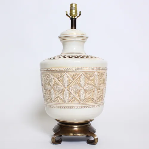 White Ceramic Lamp w/ Leaf Design & Metal Base