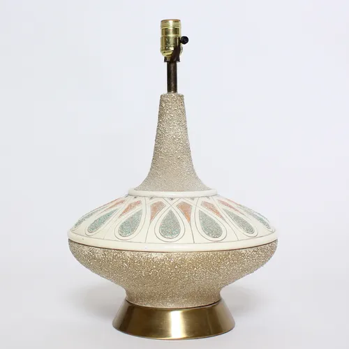 Brown & White Ceramic Lamp w/ Design & Metal Base