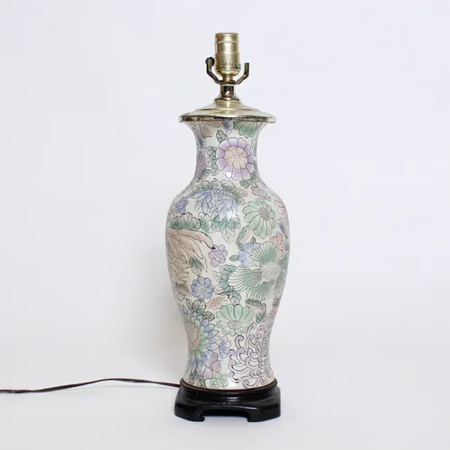 Floral Ceramic Lamp w/ Wood Base