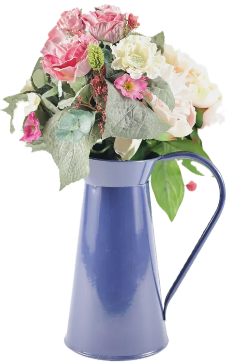 Artificial White / Pink / Mauve Flower Arrangement In Blue Tin Pitcher