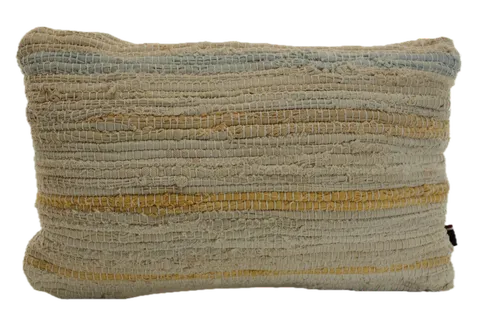 Cream Rag Rug With Peach & Blue Tone Stripes Throw Pillow