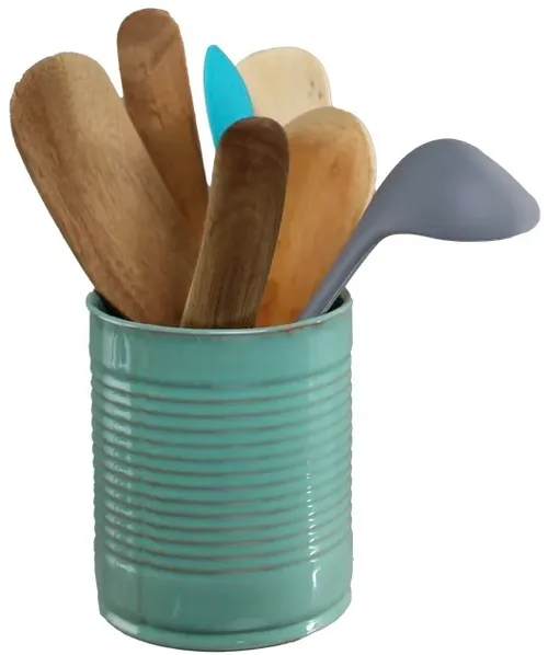 Seafoam Green Ceramic Canister With 7 Utensils