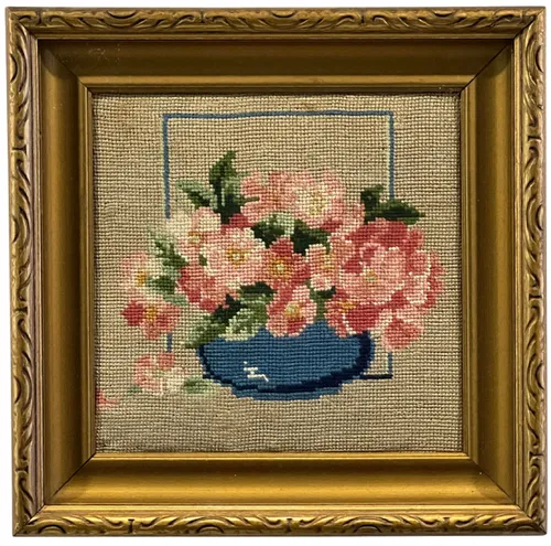 Pink Flowers In Blue Vase Needlepoint With Gold Frame