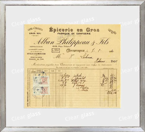 Vintage French Receipt On Light Yellow Paper With Silver Frame