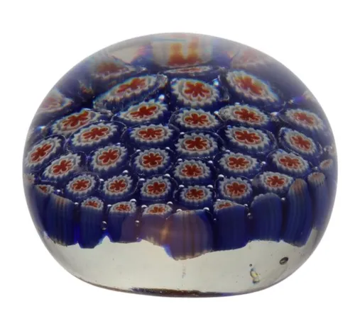 Blown Glass Paperweight With Blue & Red Millefiori Pattern