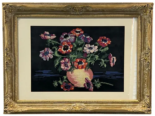 Colourful Flowers In Vase Needlepoint In Gold Ornate Frame