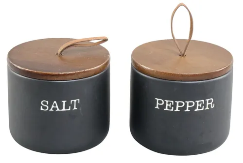 Black Ceramic Canister Salt & Pepper Set With Wood Lid
