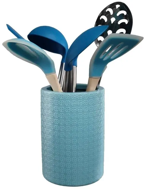 Carolina Blue Geometric Pattern Utensil Holder With 7 Utensils
