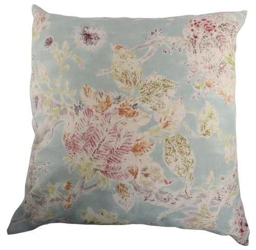 Large Pale Blue & Floral Linen Throw Pillow