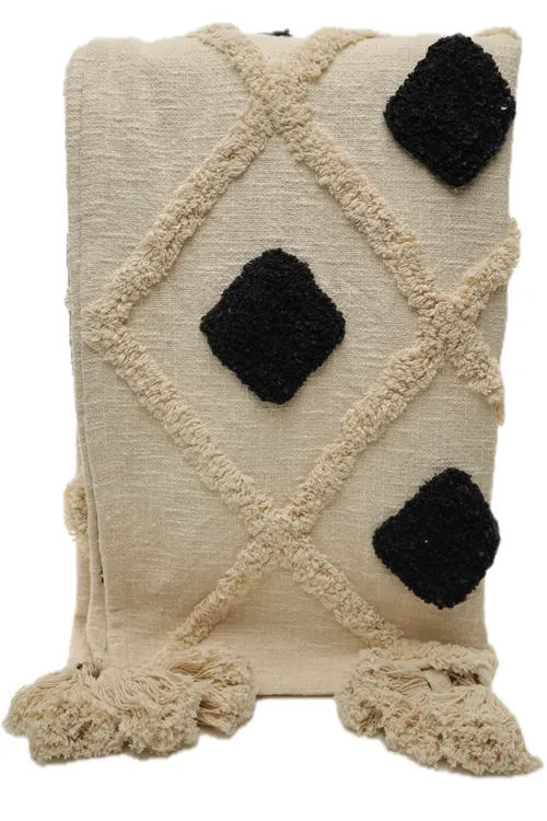 Beige & Black Tufted Diamonds Throw Blanket With Tassel Fringe Trim
