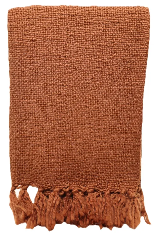 Knit Rusted Orange Chenille Throw Blanket With Fringe Trim