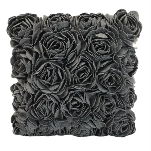 Charcoal Grey Felted Wool 3D Roses Throw Pillow