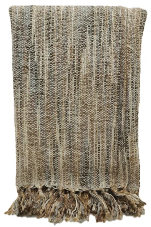 Chenille Brown & Beige & Cream Striped Throw Blanket With Fringe Trim