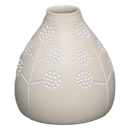 Beige Ceramic Bud Vase With White Floral Relief