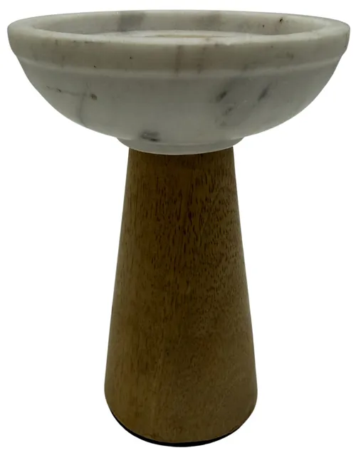 Tapered Wood & White Marble Candle Holder - Medium