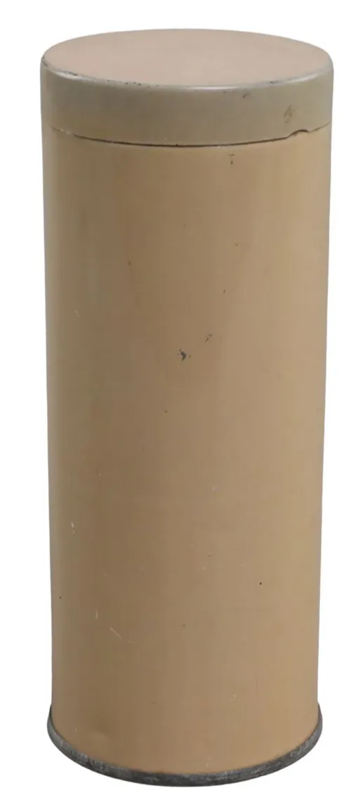 Antique Beige Tin Cylindrical Container With Lid