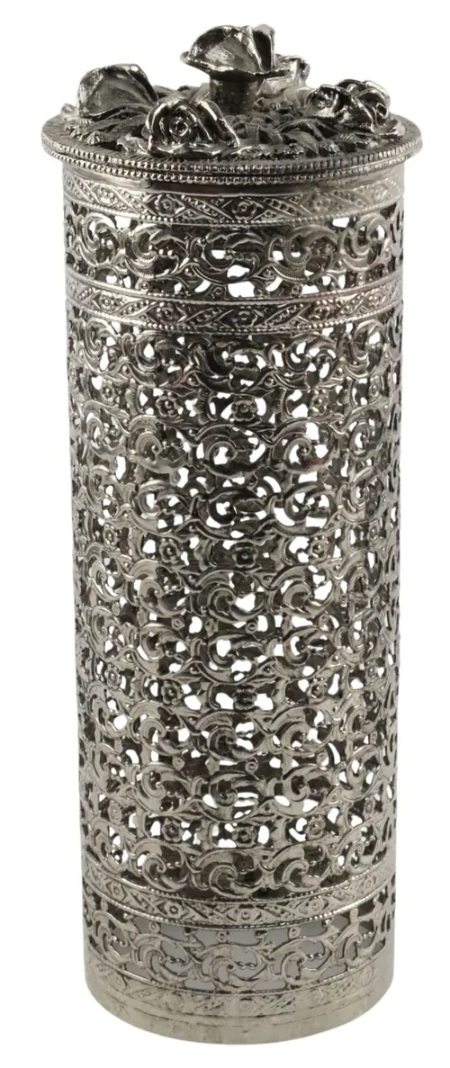Silver Metal Filagree Candle Cover With Floral Top