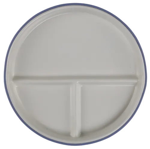 White Porcelain Portioned Kids Plate With Light Blue Rubber Rim