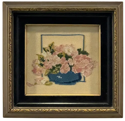 Pink Flowers In Blue Vase Needlework In Gold Frame