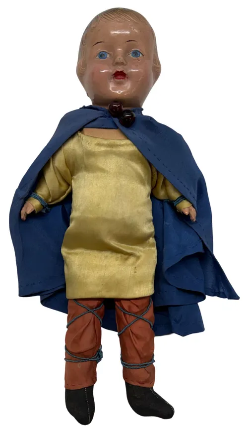 Antique Composition Doll With Blue Cape