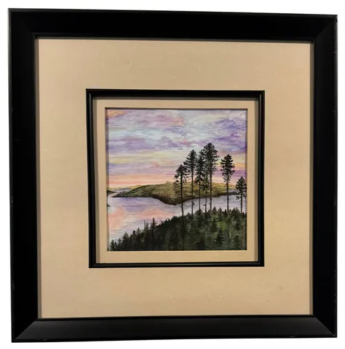 Tranquil Lakeside Sunset Painting In Black Frame