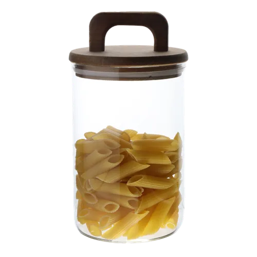 Clear Glass Canister With Acacia Wood Handled Lid Containing Rigatoni Pasta