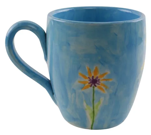 Handpainted Blue Mug With Flower & Rooster
