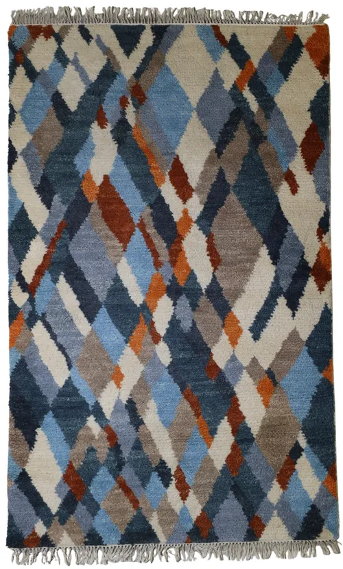 Blue & Orange & Beige Abstract Area Rug 5' W x 7'10