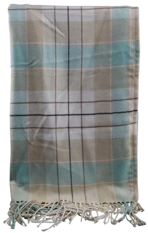 Beige & Blue Tartan Throw Blanket With Fringe
