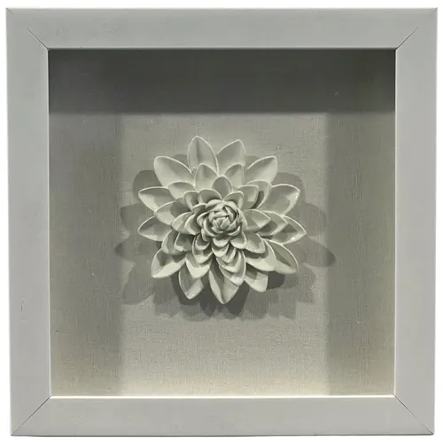 White Ceramic Flower In White Shadowbox Frame