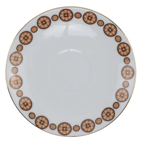 White Ceramic Saucer With Brown Medallion