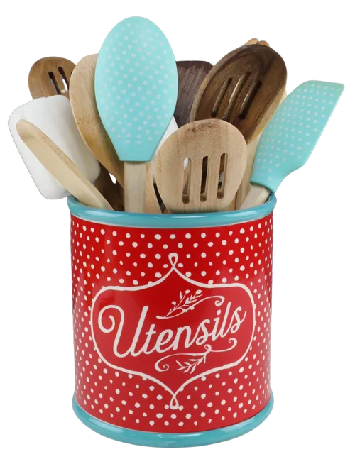 Red & Turquoise Ceramic Utensil Holder With 10 Utensils