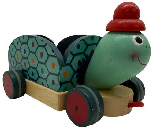 Green Wood Turtle Wagon Pull Along Toy