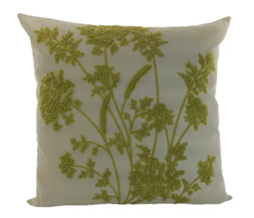 Moss Green Embroidered Wild Flowers Throw Pillow
