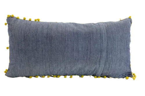 Denim Blue With Fluorescent Embroidered Flowers With Gold Pom Pom Tassels Throw Pillow