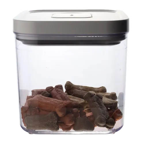 Clear Square Low Profile Pop Top Storage Container With White Lid Containing Dog Treats