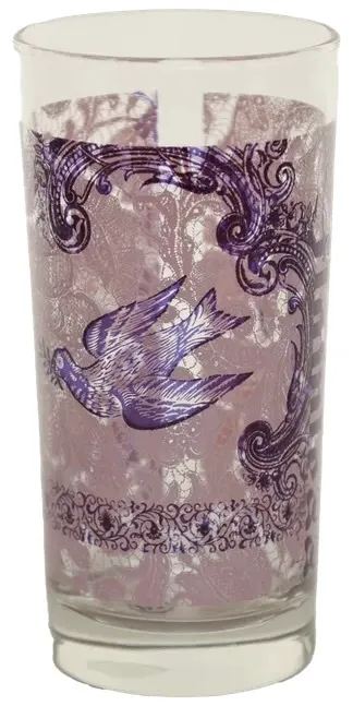 Clear Drinking Glass With Purple Dove & Lilac Lace Print