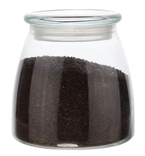 Clear Glass Tapered Canister With Lid Containing Ground Coffee