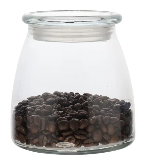 Clear Glass Tapered Canister With Lid Containing Coffee Beans