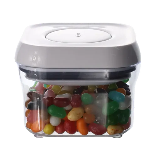Clear Square Pop Top Storage Container With White Lid Containing Jellybeans