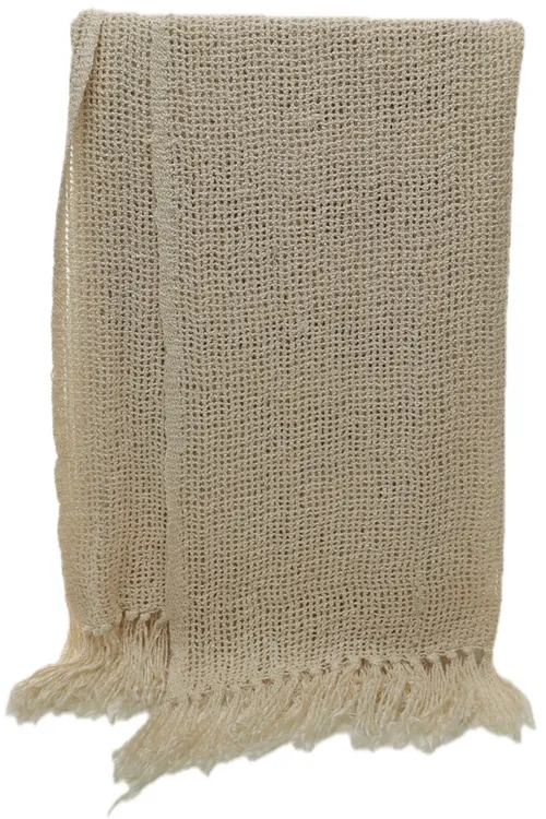 Cream Crochet Throw Blanket With Tassel Trim