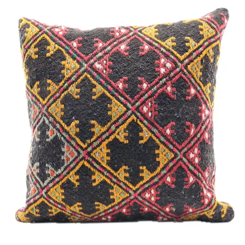 Boho - Inca Kilim Black Wool With Solid Taupe Back Throw Pillow 