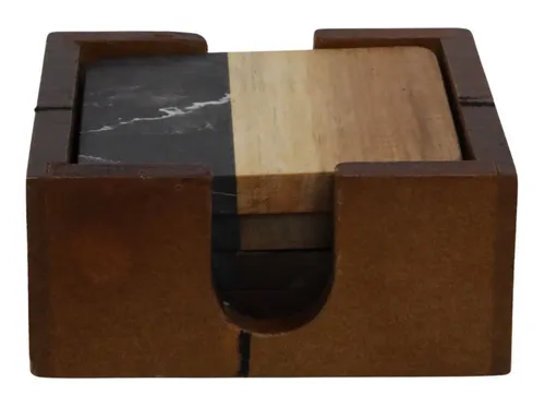 Wood & Black Marble Coaster Set With Holder