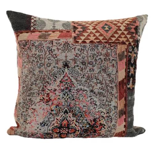 Peach & Grey Velour Bohemian Patch Throw Pillow