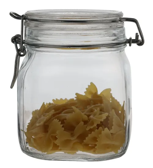 Clear Glass Canister With Hinged Lid With Bowtie Pasta