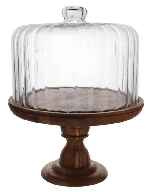 Clear Ribbed Glass & Wood Pedestal Dessert Stand